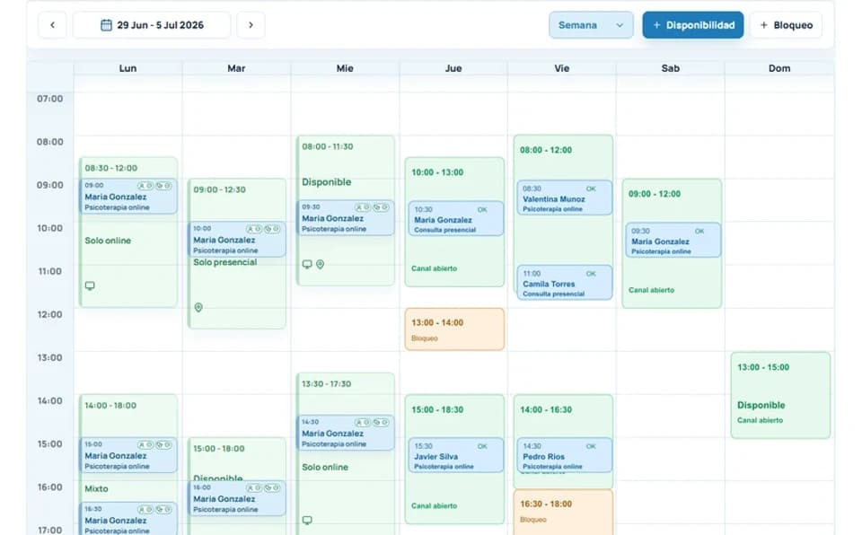Agenda semanal real de NexoContigo para gestionar disponibilidad y bloqueos