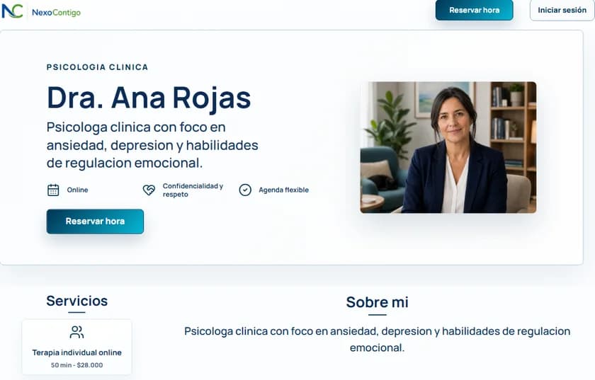 Landing publica real de una profesional con boton para reservar hora