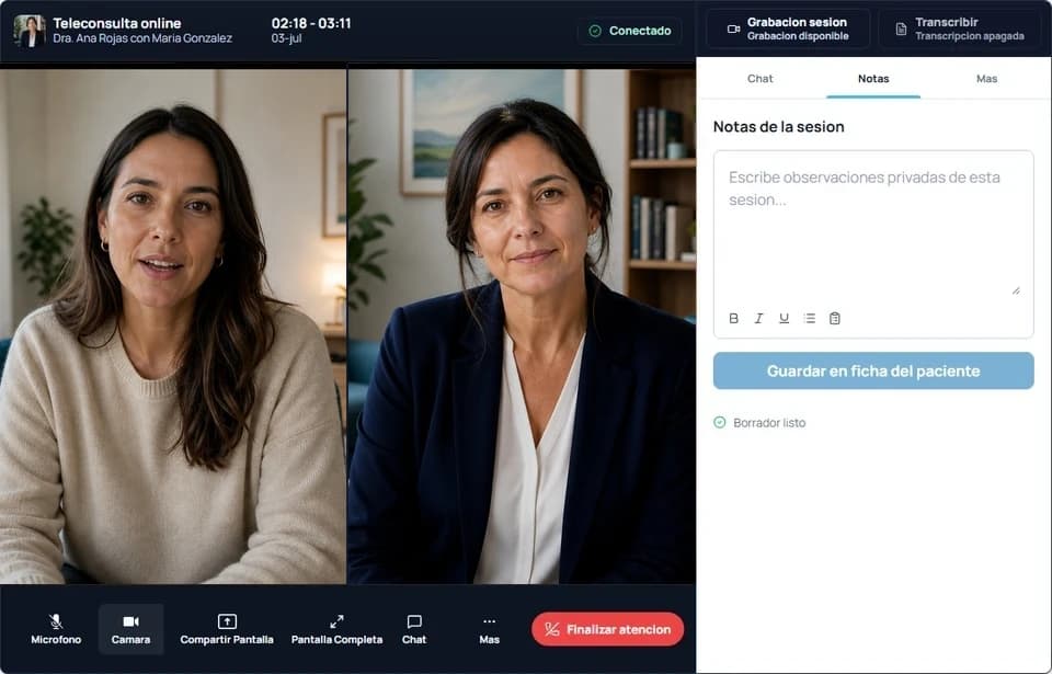 Sala real de teleconsulta online con notas, chat y controles de llamada
